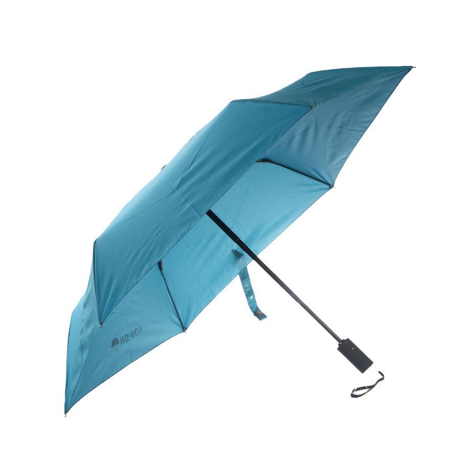 Blue auto-fold umbrella with safety strap and curved handle