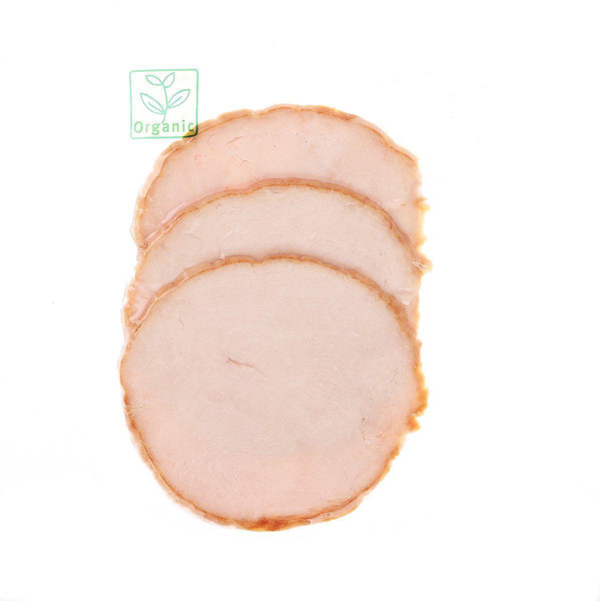 Organic oven-roasted turkey breast slices, light pink with browned edges