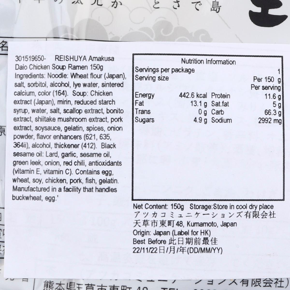 Nutrition information panel for chicken ramen soup, 150 g serving size