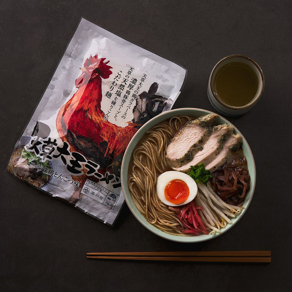Chicken ramen soup pouch with bowl of noodles, egg, pork, and broth
