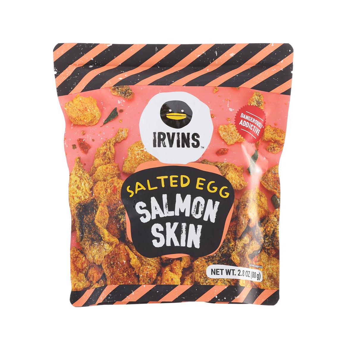 IRVINS salted egg salmon skin snack pouch, orange-black striped, seasoned chip pieces shown