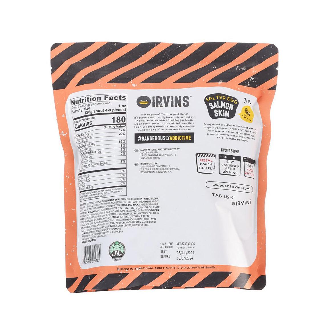 IRVINS salted egg salmon skin snack pouch back, Nutrition Facts and ingredients panel
