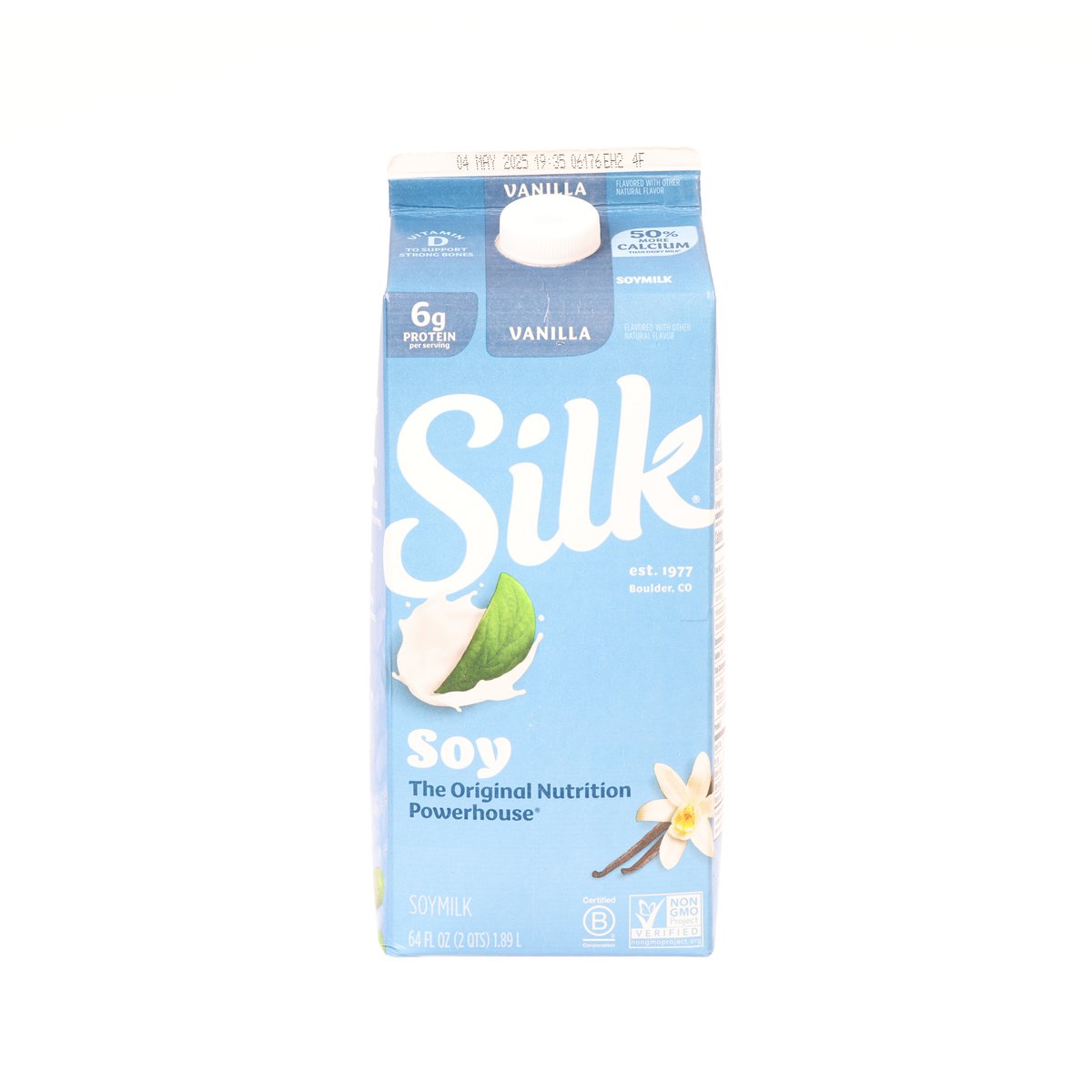 Vanilla soy milk carton with front branding and leaf and vanilla flower graphics