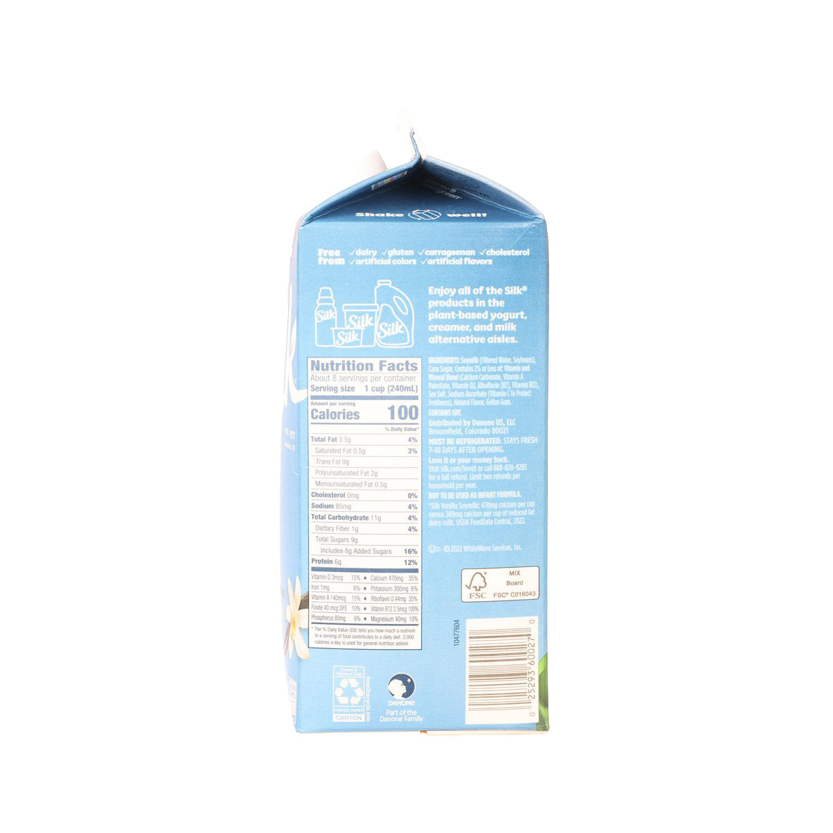 Vanilla soy milk carton back panel with nutrition and ingredient information