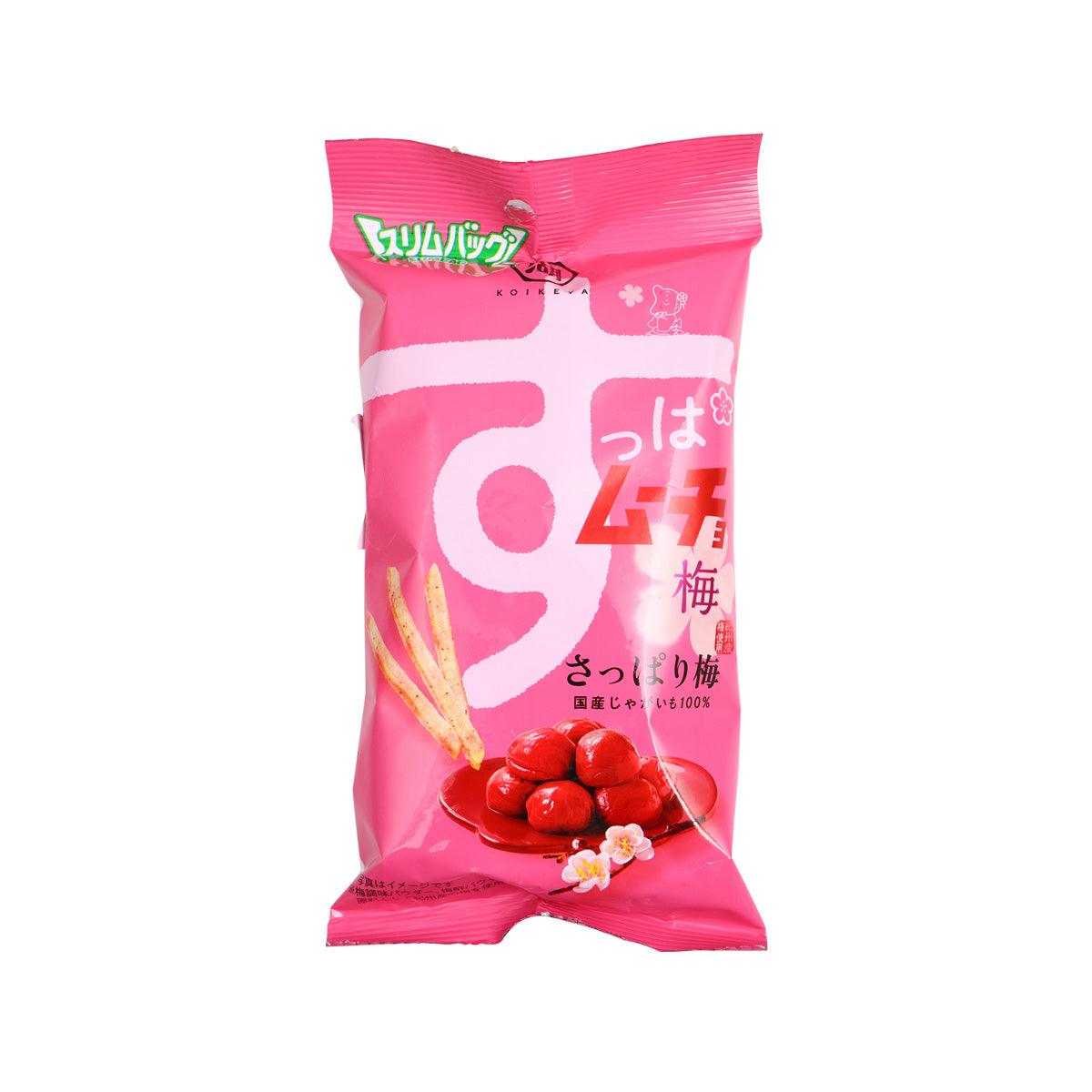 Plum-flavored potato stick snack bag with pink packaging and plum fruit graphic