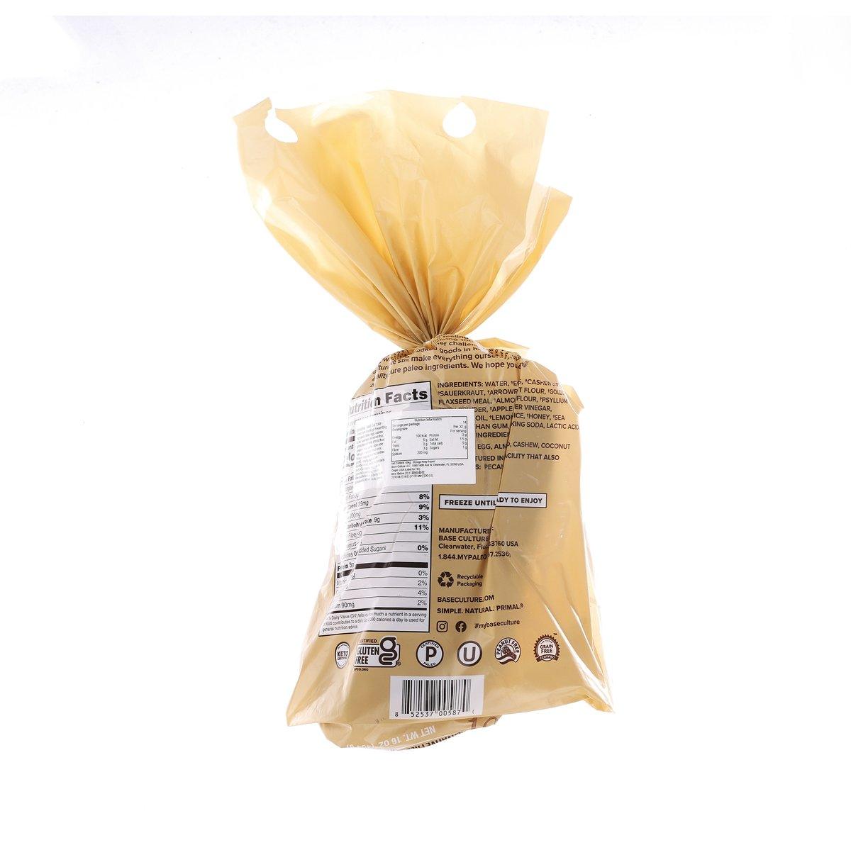 Frozen sourdough bread in plastic bag, nutrition panel and barcode on back