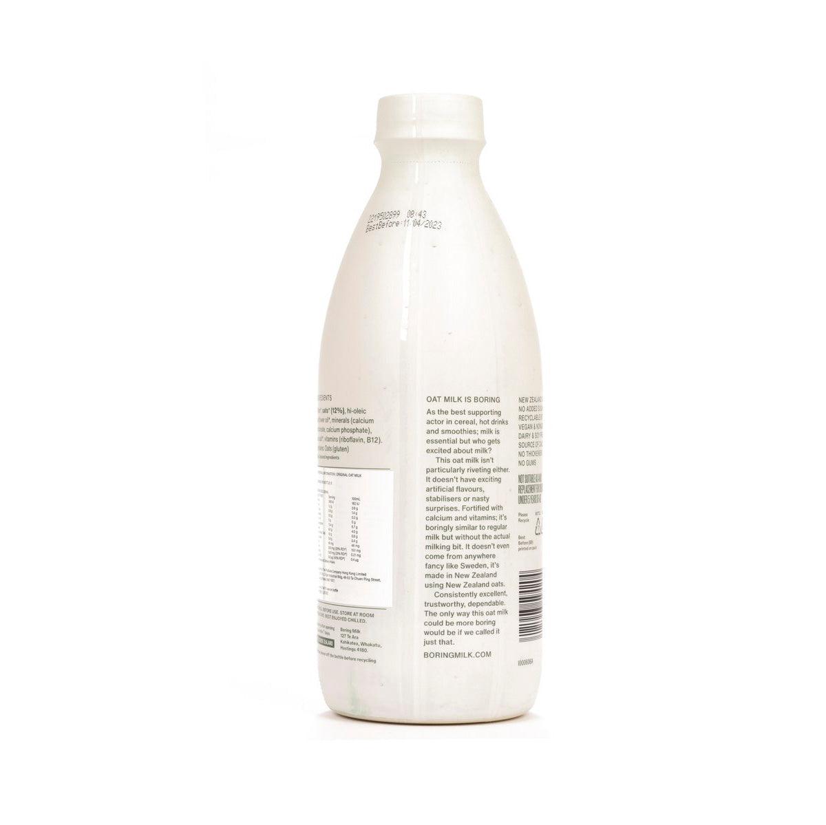 Oat milk bottle back label, BORING Original No Added Sugar, 1 L