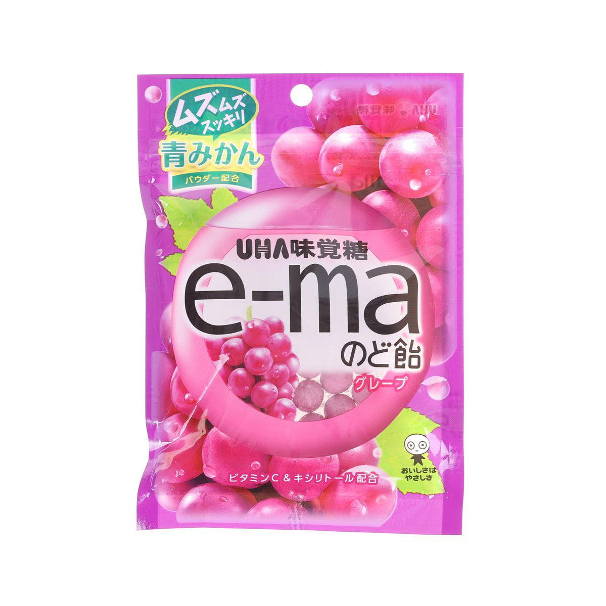 UHA e-ma grape throat candy bag, purple front with grape graphics and logo