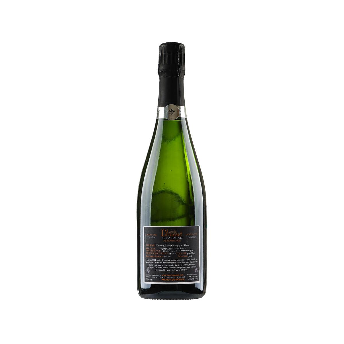 LOUIS DOUSSET sparkling brut wine bottle, green glass with black capsule and back label