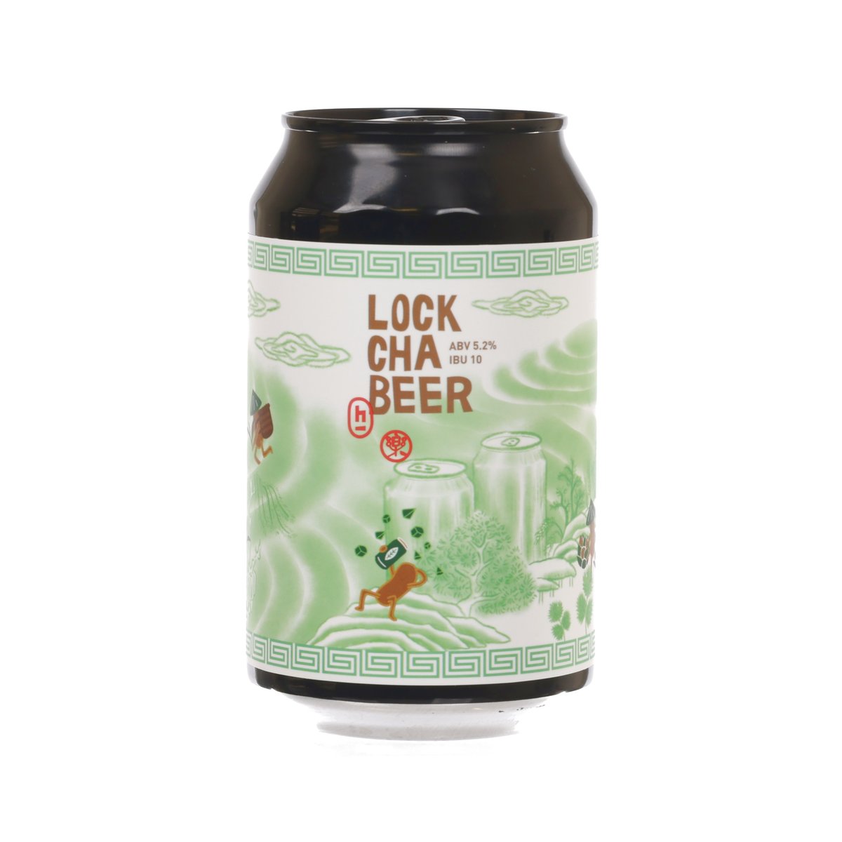 Green beer can with LOCKCHA BEER text and decorative illustration