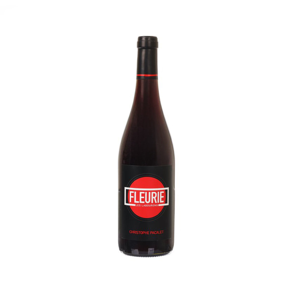 Fleurie red wine bottle, front label with red ribbon and Fleurie text.
