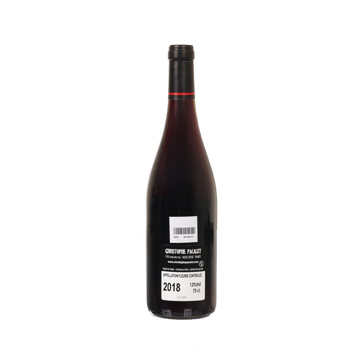 Fleurie red wine bottle, back label with barcode and 2018 details.