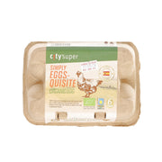 Organic egg carton with 6 Spanish eggs, paper pulp holder and label