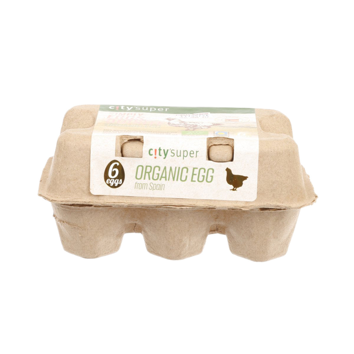 Egg carton labeled organic egg, shows 6 eggs and hen icon