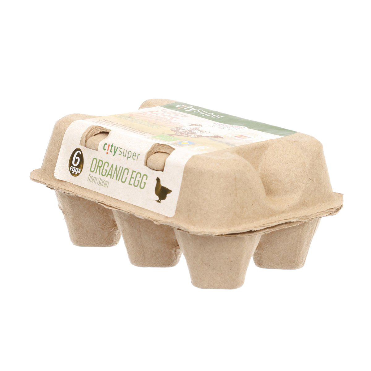 6-egg organic egg carton in brown paper tray with label panel