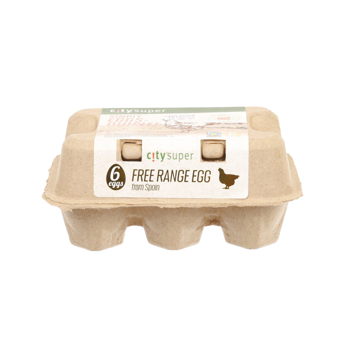 6 eggs free range egg carton with top label and molded paper egg tray