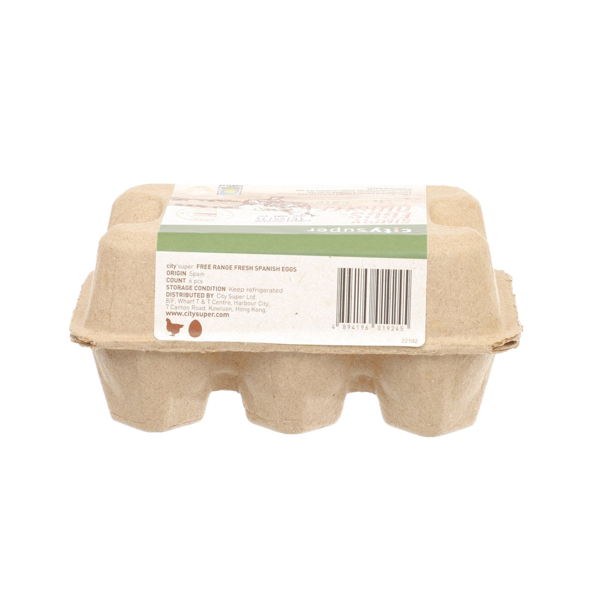6 free range eggs carton, back label with barcode and feeding info