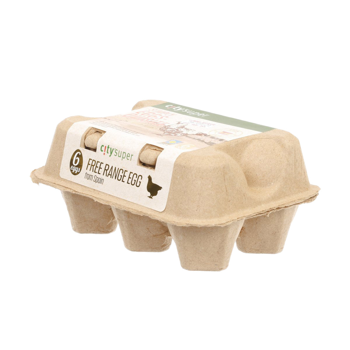 6-pack free range eggs carton with green and white front label
