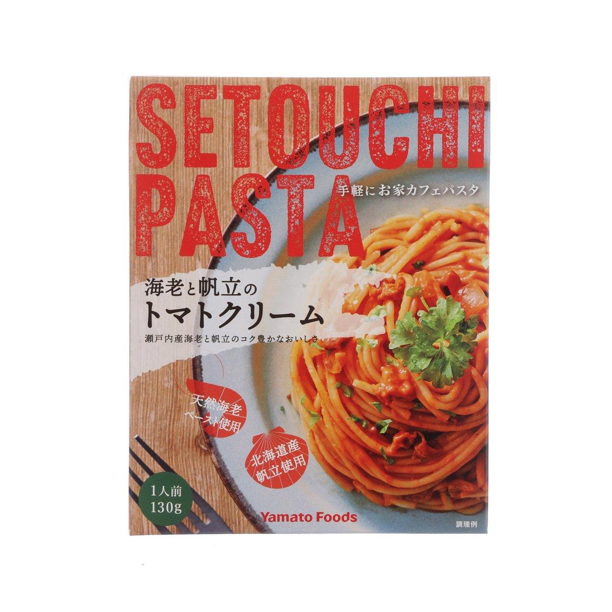 Setouchi pasta sauce pouch with spaghetti in tomato cream, red and white front label