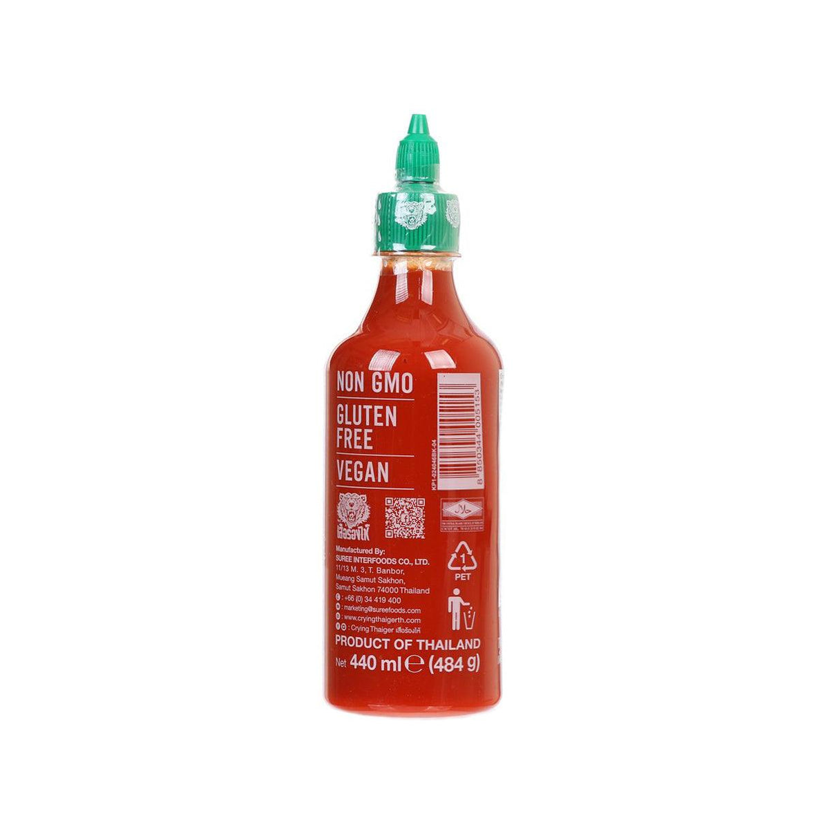 Sriracha hot chili sauce bottle, back label with non-GMO and gluten-free