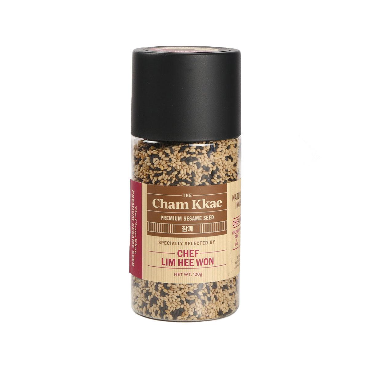 Premium sesame seed jar with black lid; beige seeds in clear container, 120g