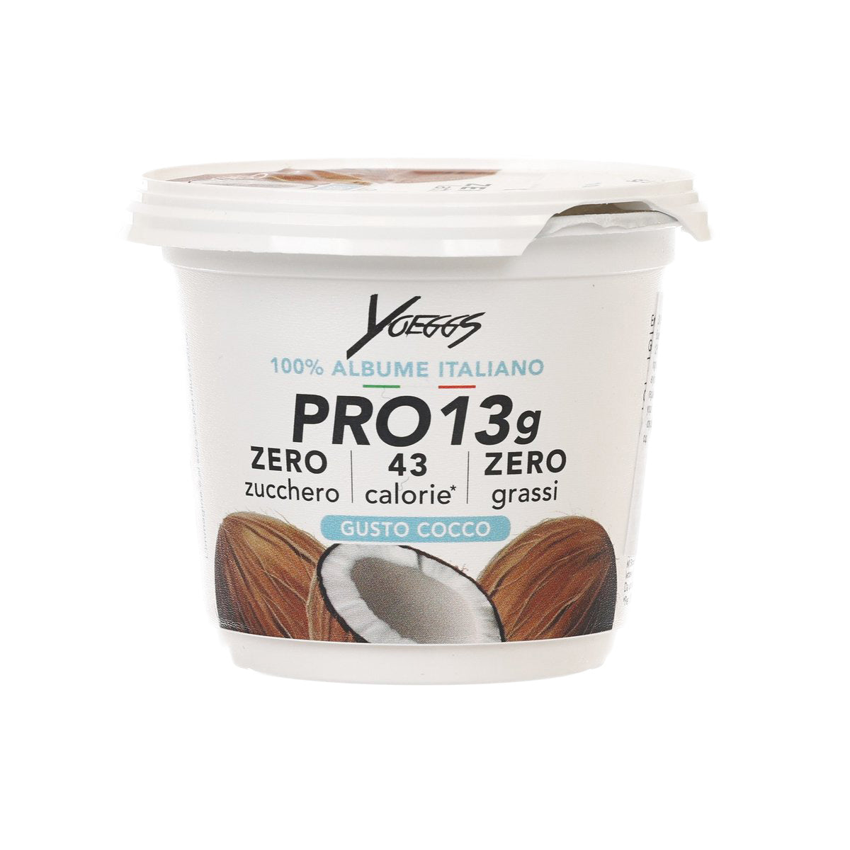 White yogurt-style egg white alternative cup with coconut flavor label, 125g