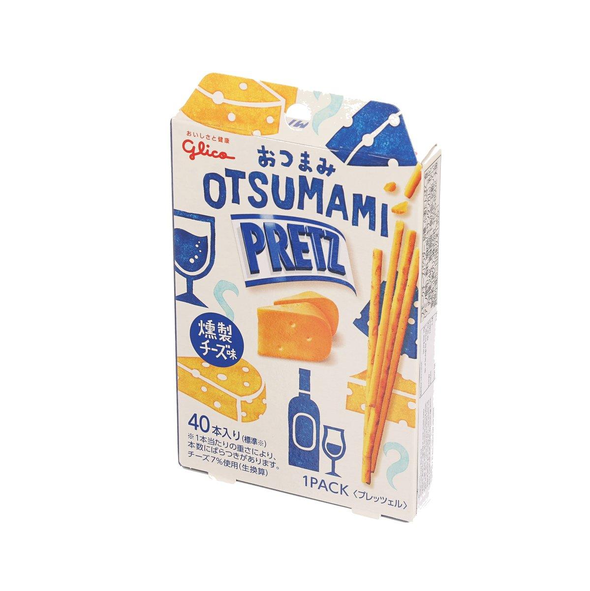 Smoked cheese pretz stick snack pack, front panel with bottle and cheese illustration