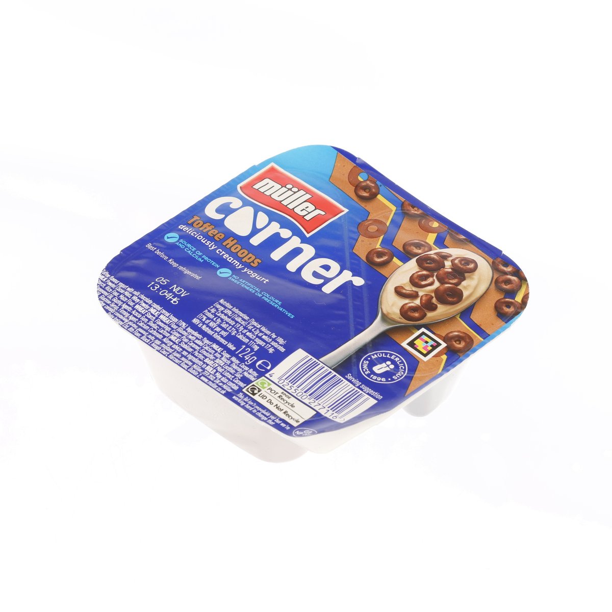 Muller Corner toffee hoops yogurt tub, blue-lid carton shown at an angle