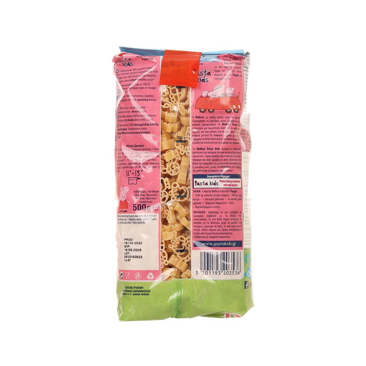Back of kids pasta bag with MELISSA branding and Peppa Pig character, 500g