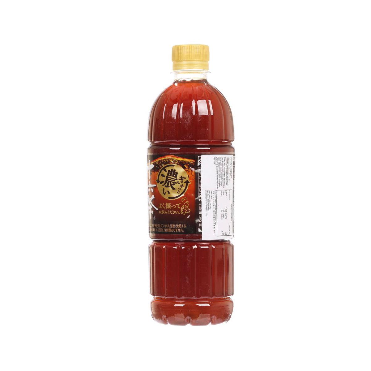 ASAHI Jurokucha blended tea bottle, 630 mL, amber-red with back label and barcode