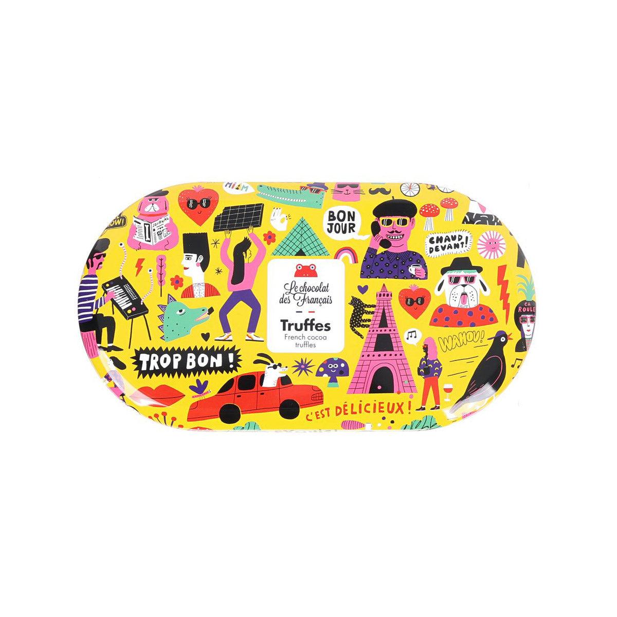 French dark chocolate truffle oval tin with colorful illustrated label