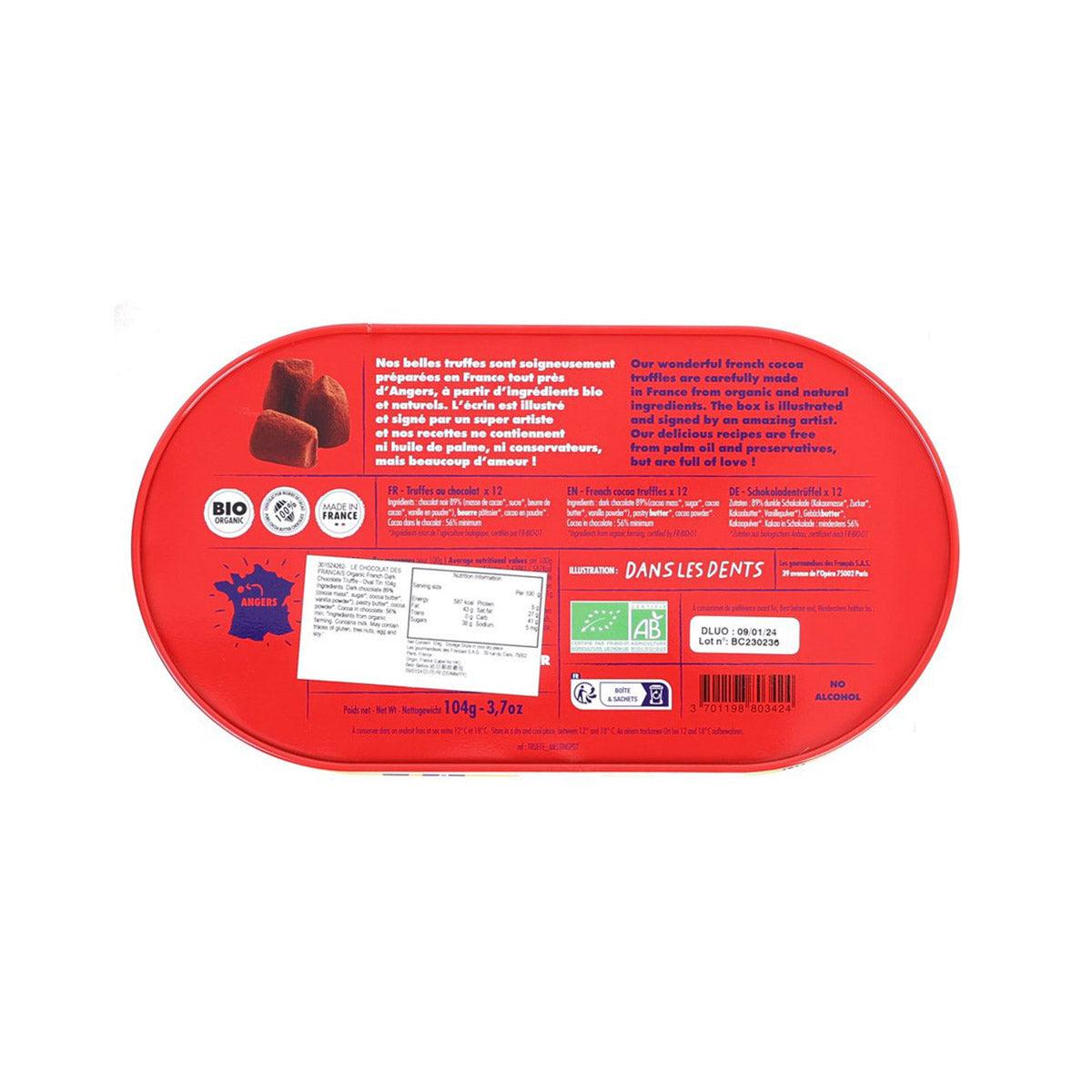 French dark chocolate truffle oval tin back in red with barcode and label