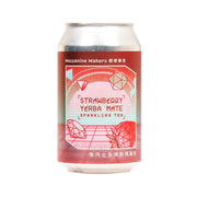 Strawberry yerba mate sparkling tea can, red-pink label with geometric design