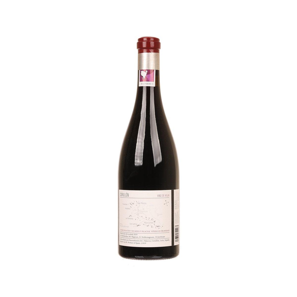 Wine bottle with dark red glass and back label, red foil neck, 750 mL
