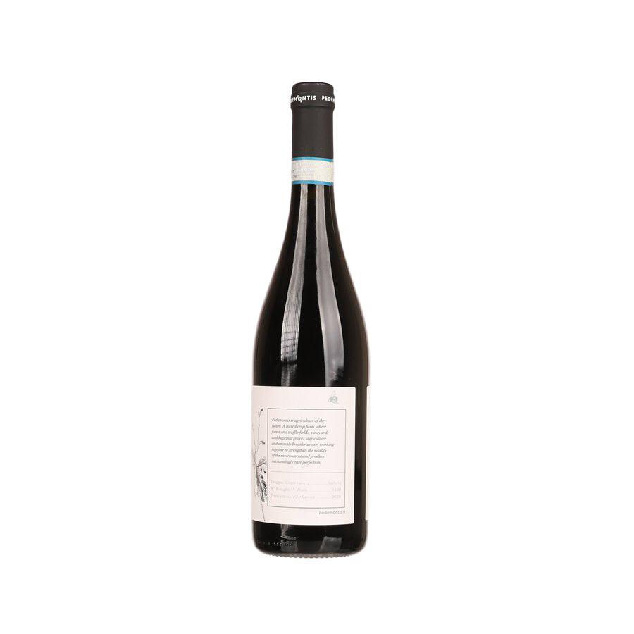 750 mL red wine bottle with back label facing camera, black foil cap.