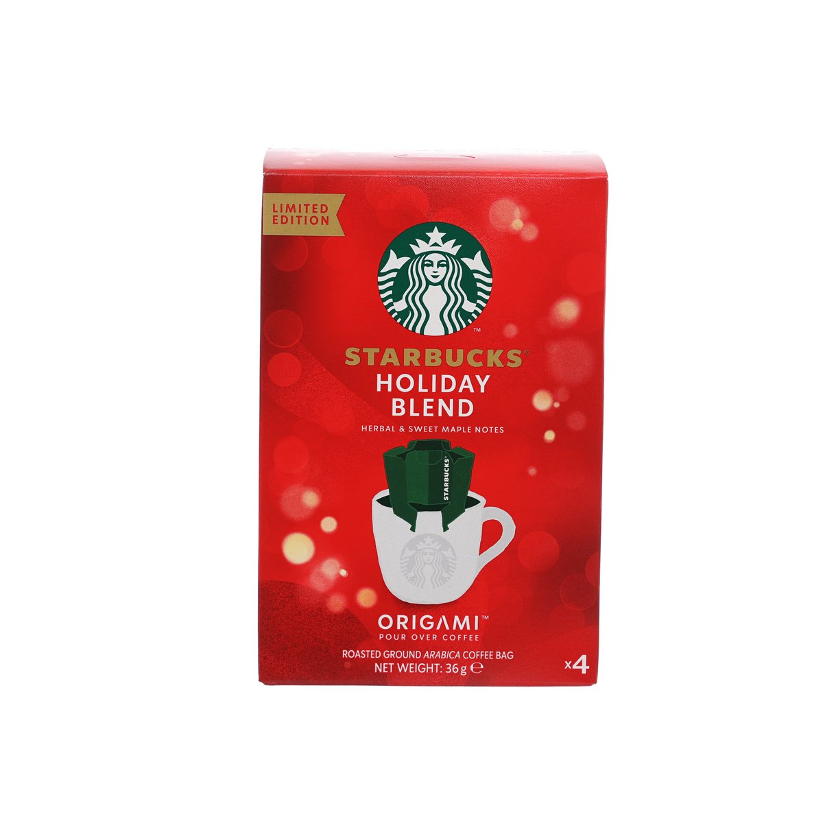 Holiday blend coffee bag box, red Origami design, limited edition, 4 pour-over bags