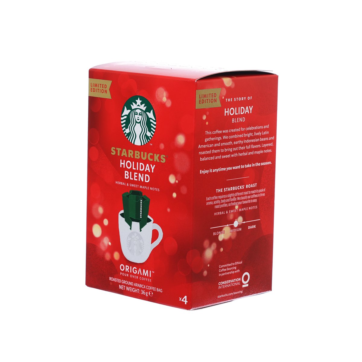 Holiday blend coffee bag box, red front panel with cup graphic and limited edition badge