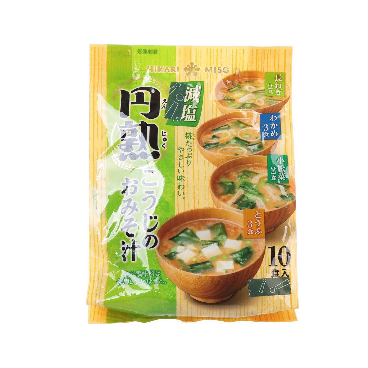 Less-salt miso soup powder packet with bowl and green onion illustration