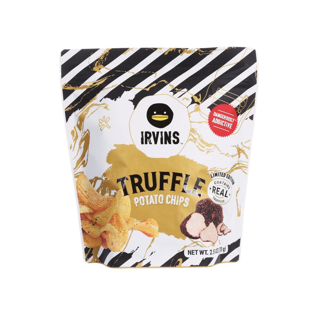 IRVINS truffle potato chips pouch, net wt 2.5 oz (70 g), front view