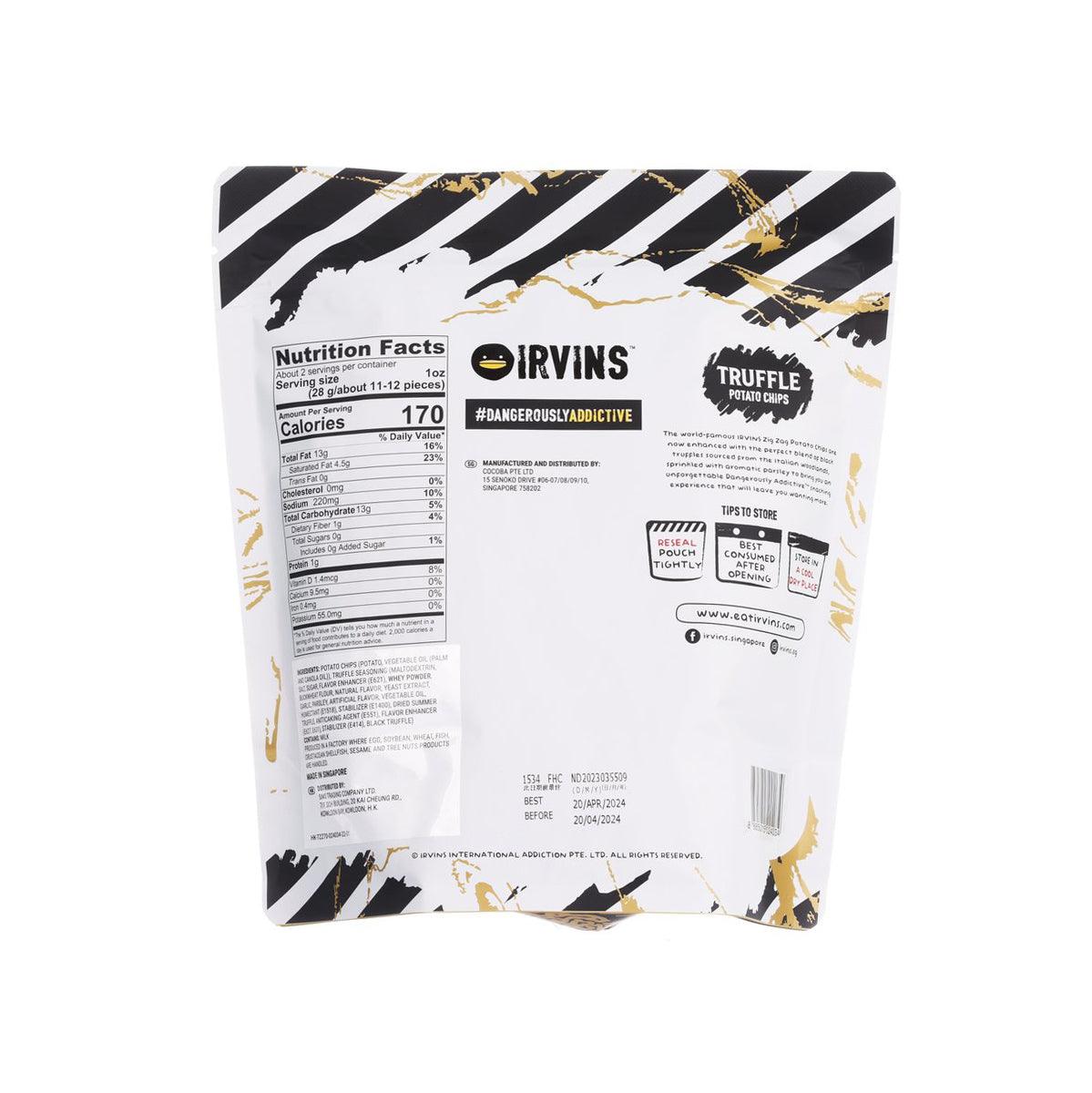 IRVINS truffle potato chips pouch, nutrition facts and ingredients, back view