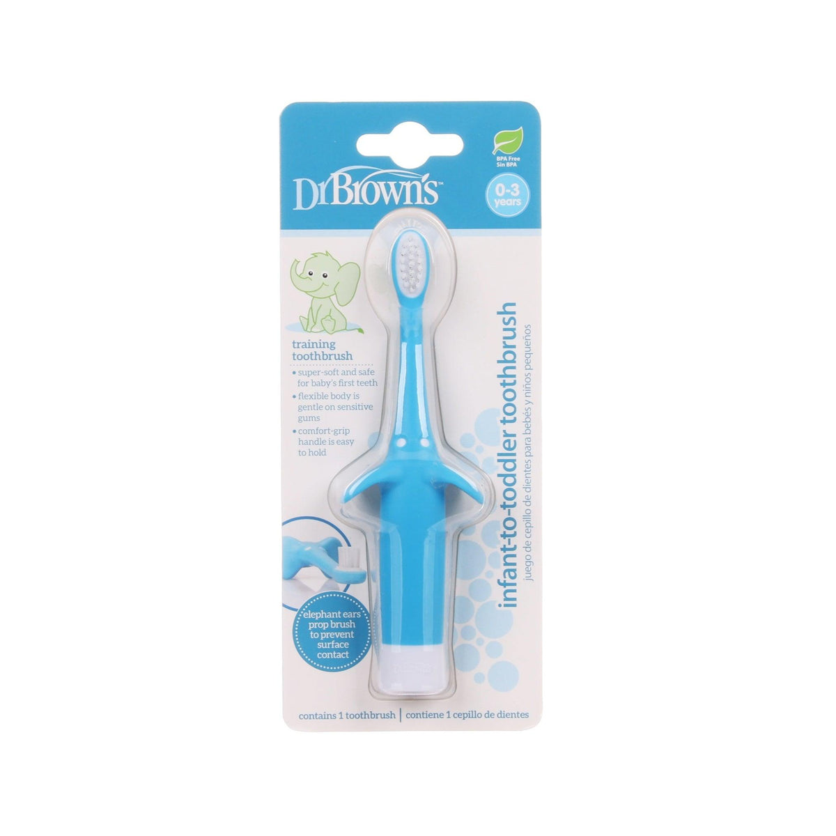 Blue infant training toothbrush in blister pack, ages 0–3 months