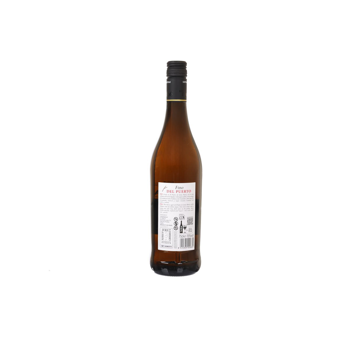 LUSTAU fino del Puerto port wine bottle, amber glass with back label and barcode