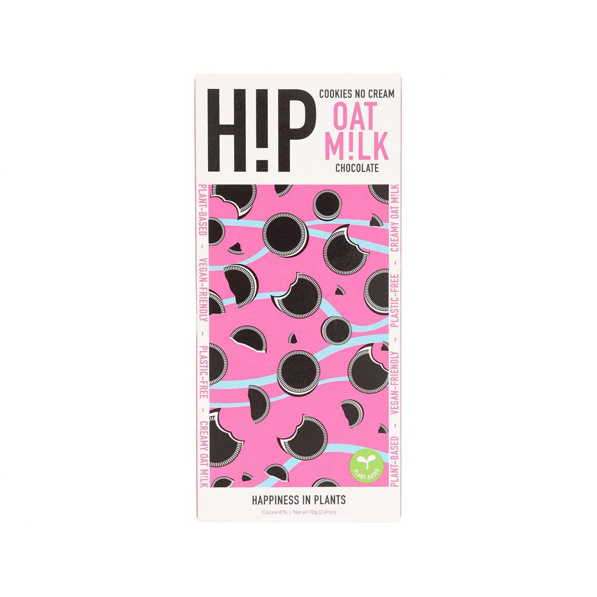 HIP cookies no-cream oat milk chocolate package, pink with cookie and chocolate icons