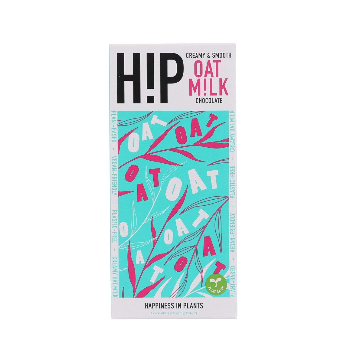 HIP oat milk chocolate bar, front of teal and pink package, 70g