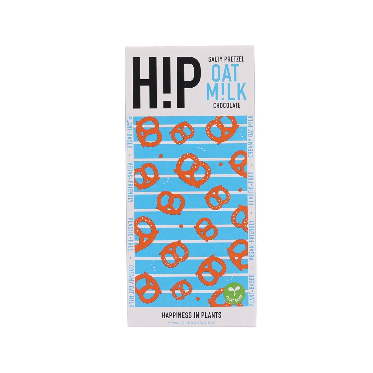 Oat milk chocolate wrapper with HIP logo and salty pretzel pattern