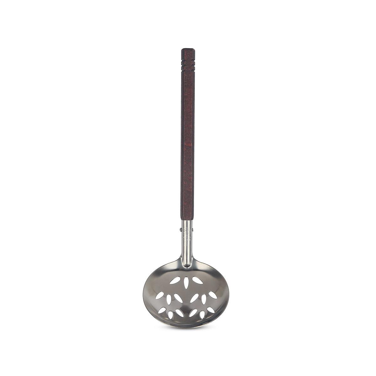 Stainless steel slotted ladle with dark brown wooden handle