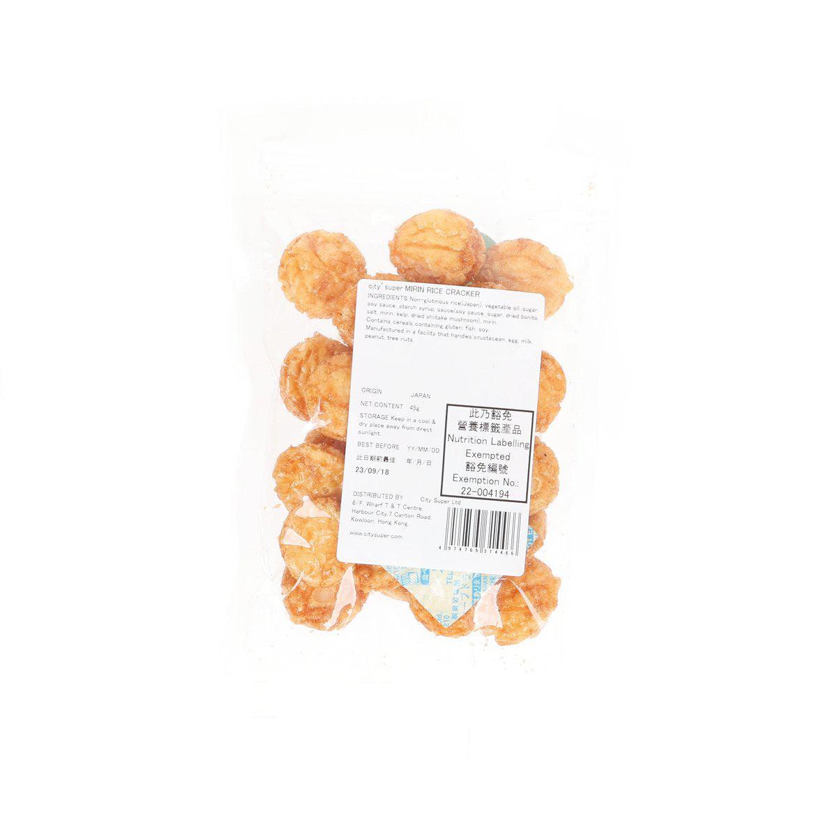CITYSUPER mirin rice crackers bag with golden round crackers, nutrition label back