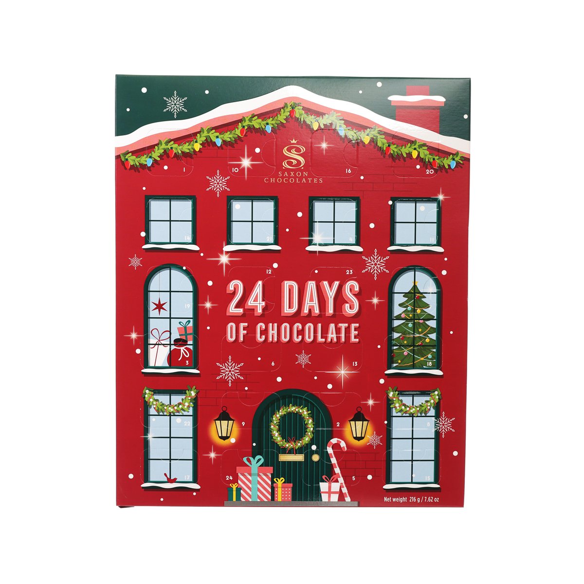 Holiday chocolate advent calendar box with 24 days window design and candy decorations