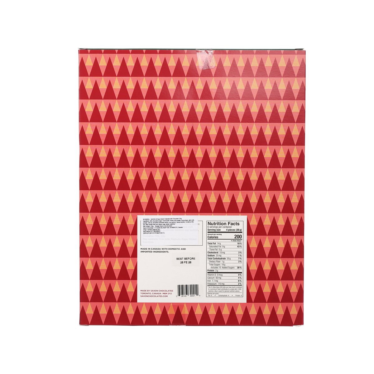 Back of holiday chocolate advent calendar box with geometric red pattern and nutrition panel