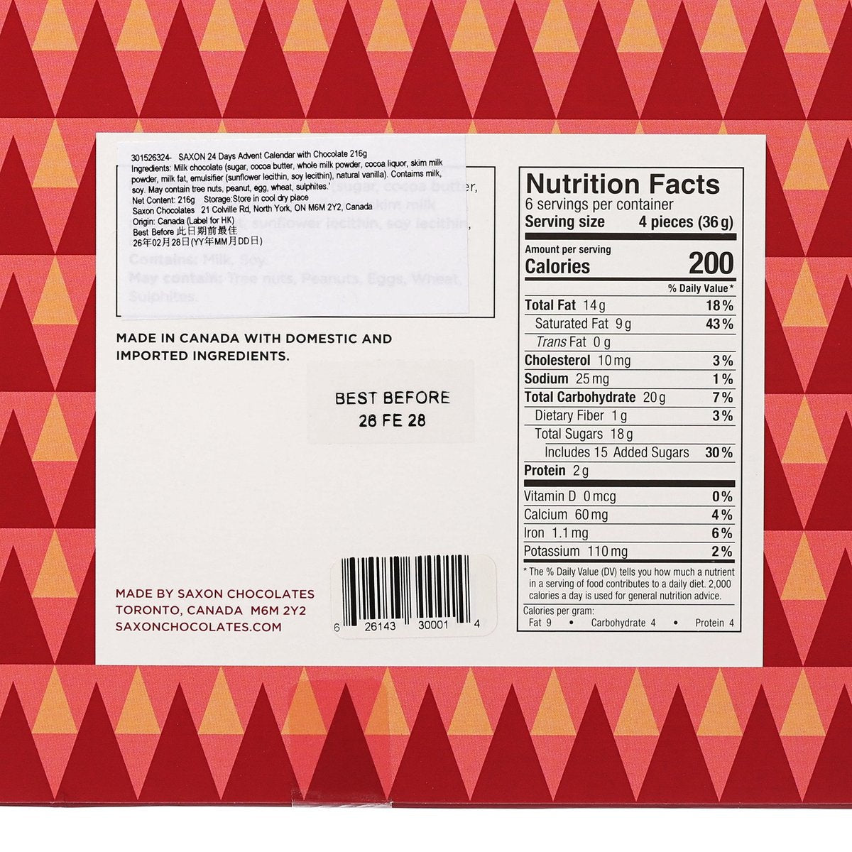 Nutrition Facts panel on holiday chocolate advent calendar box with serving size and calories